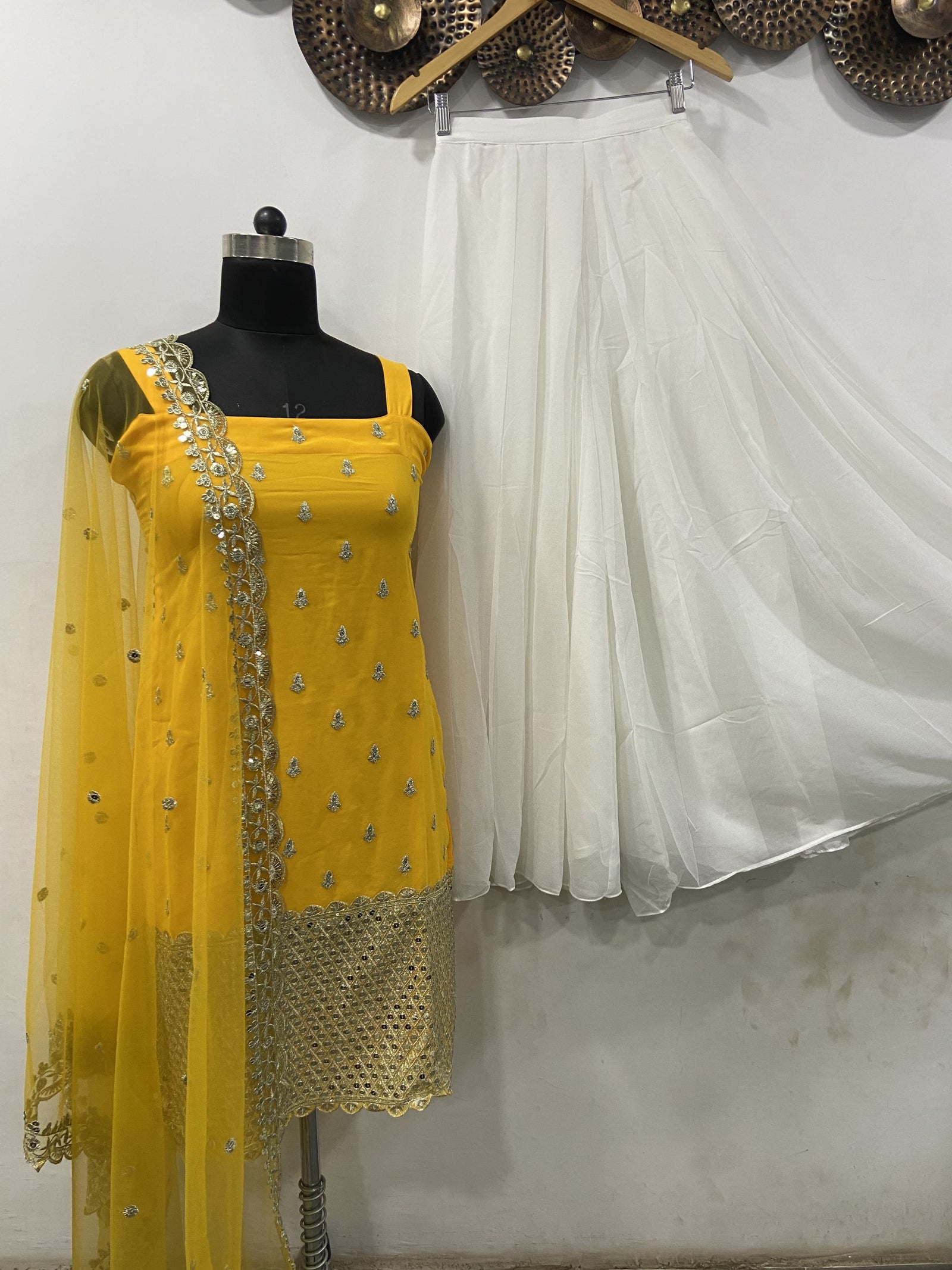 Sleeveless Sequins Work Yellow Palazzo Suit Set Clothsvilla