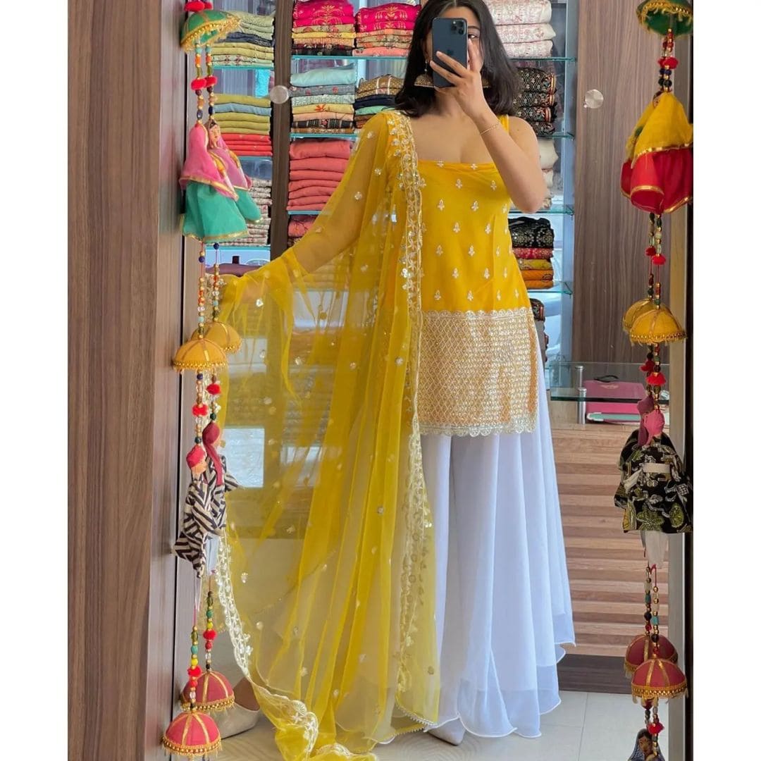 Sleeveless Sequins Work Yellow Palazzo Suit Set Clothsvilla