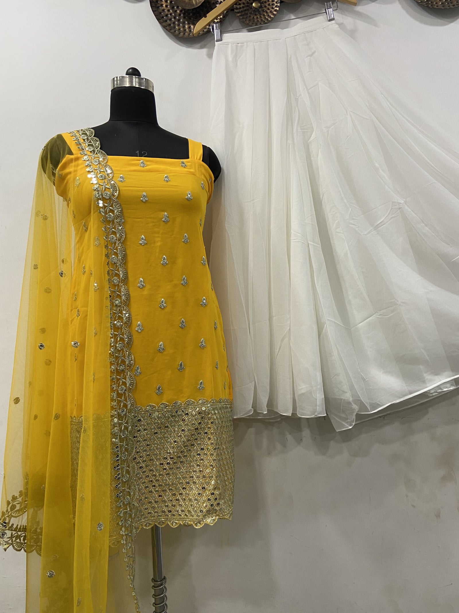 Sleeveless Sequins Work Yellow Palazzo Suit Set Clothsvilla