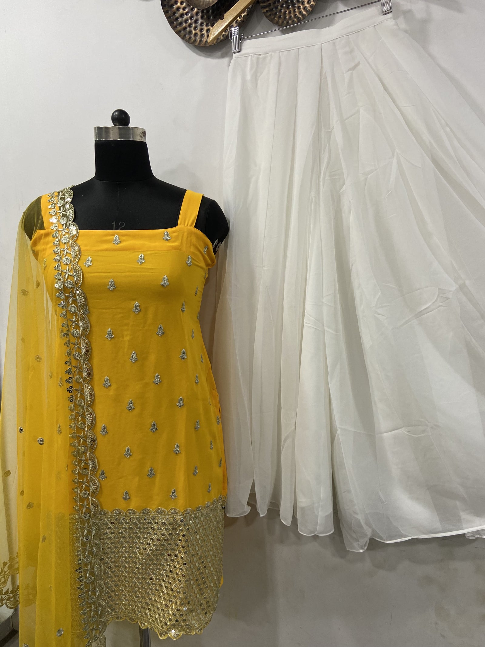Sleeveless Sequins Work Yellow Palazzo Suit Set Clothsvilla