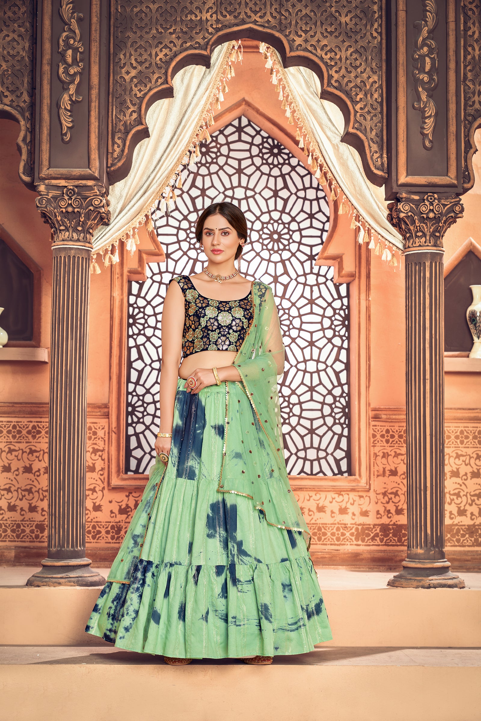 Smashing Pista Green Shibori Printed With Sequins Cotton Party Wear Lehenga ClothsVilla
