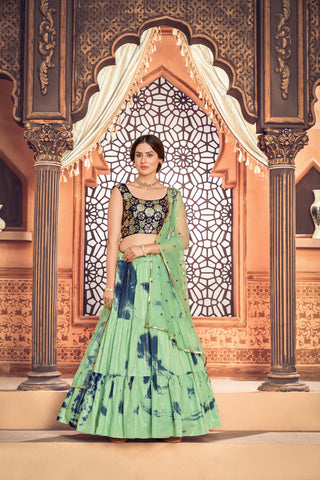 Smashing Pista Green Shibori Printed With Sequins Cotton Party Wear Lehenga ClothsVilla
