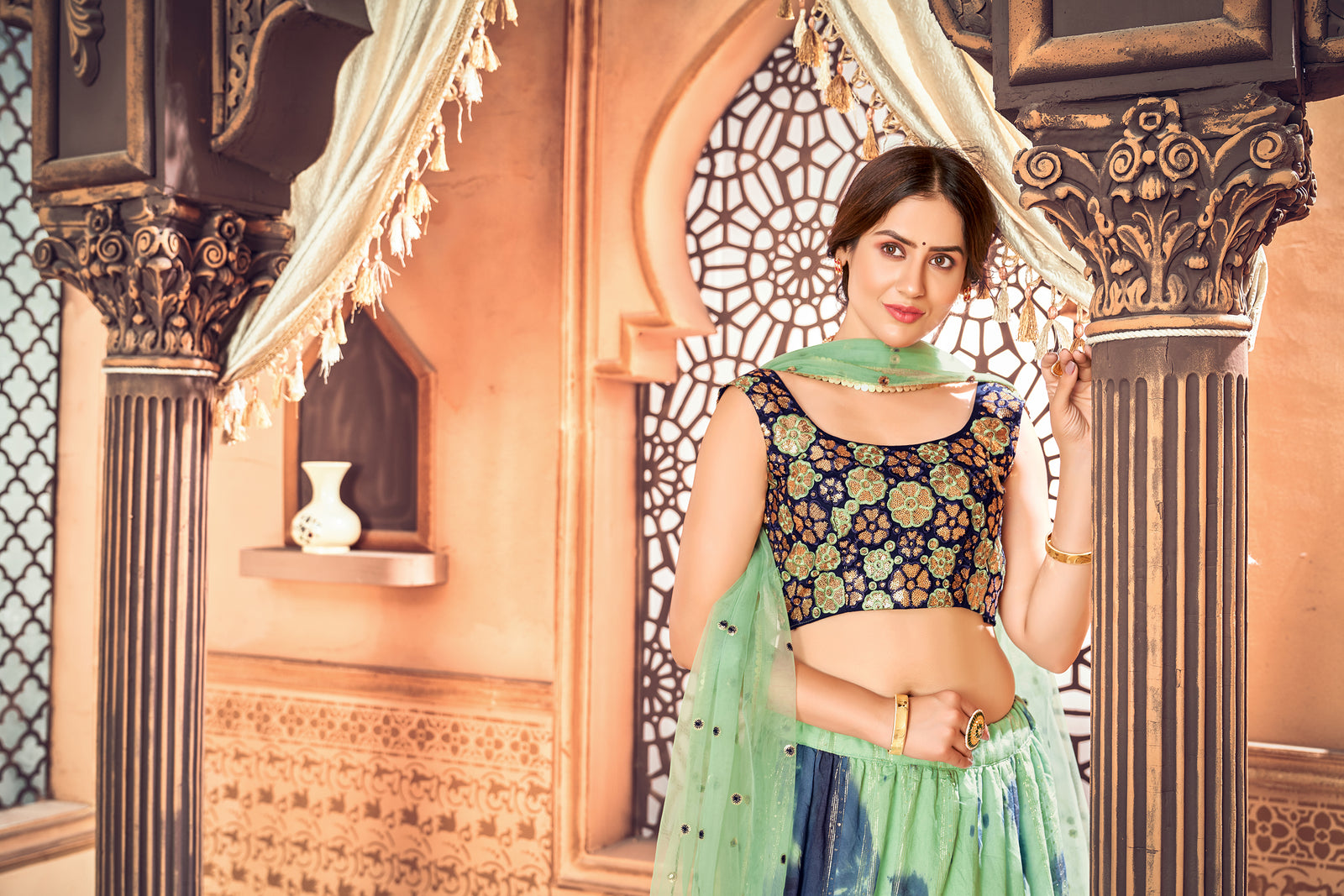 Smashing Pista Green Shibori Printed With Sequins Cotton Party Wear Lehenga ClothsVilla