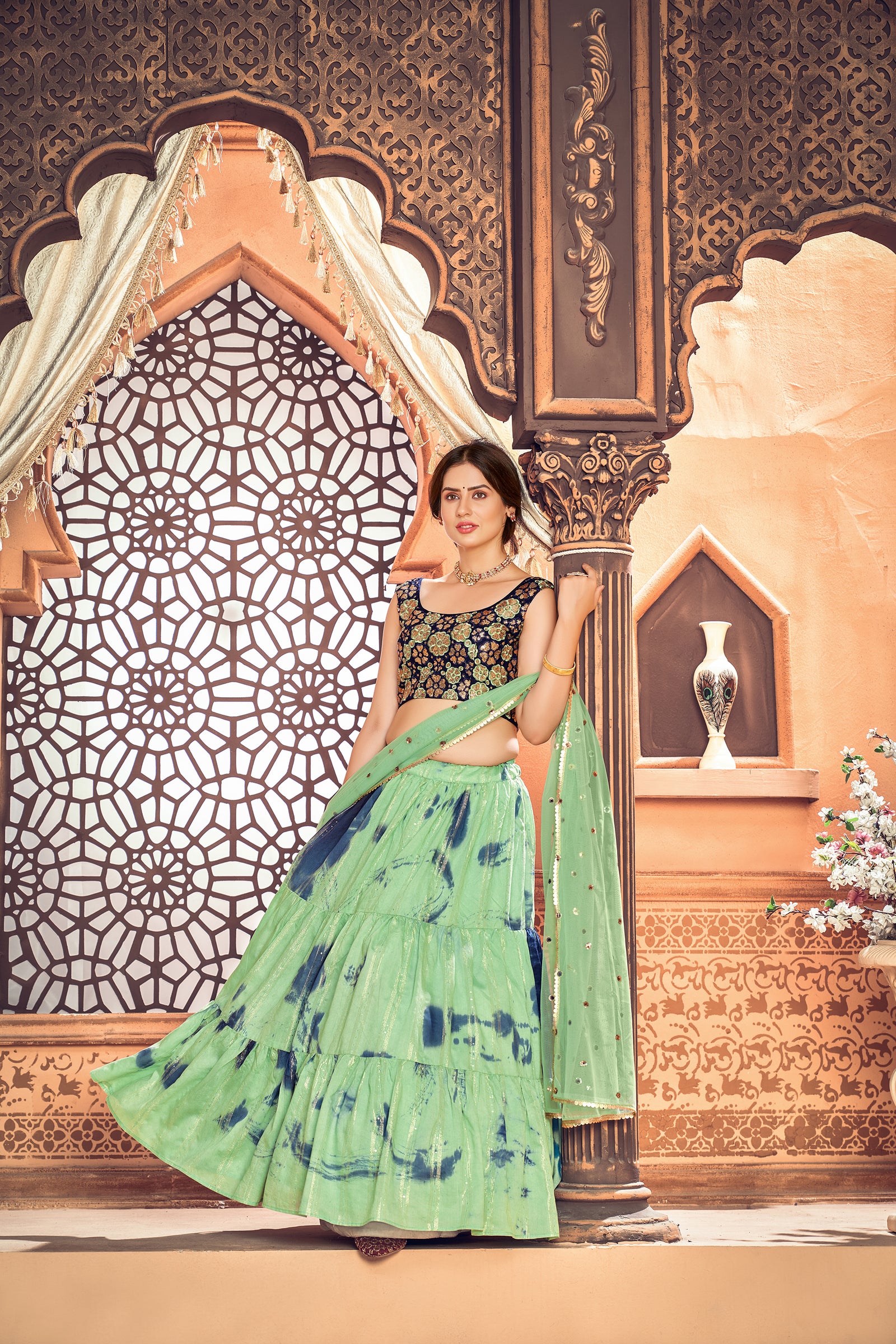 Smashing Pista Green Shibori Printed With Sequins Cotton Party Wear Lehenga ClothsVilla