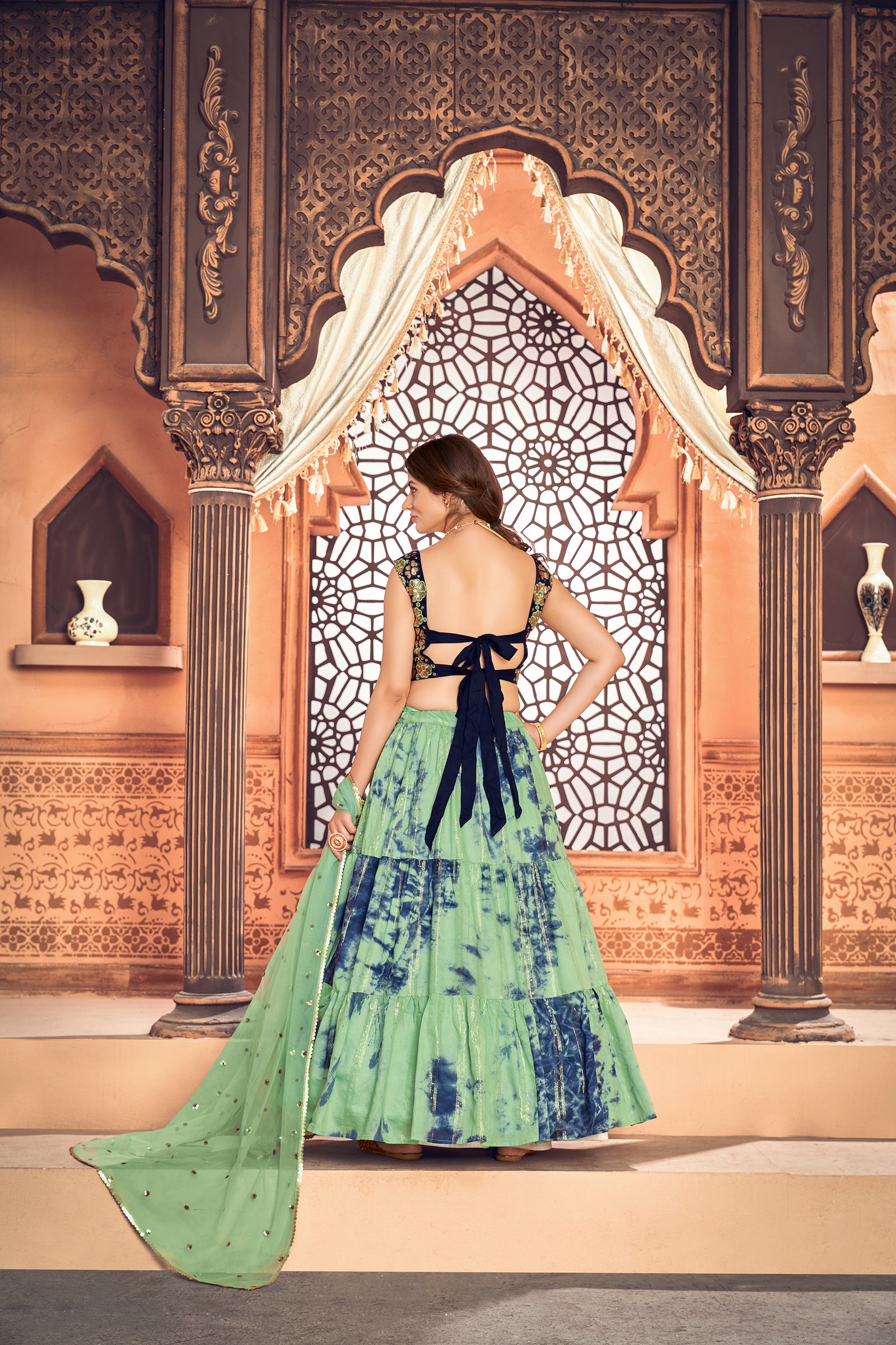 Smashing Pista Green Shibori Printed With Sequins Cotton Party Wear Lehenga ClothsVilla