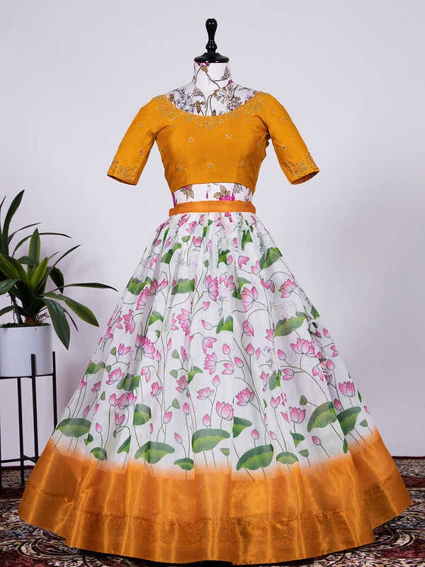 White Color Digital Printed Soft Cotton Half Saree Set Lehenga Clothsvilla