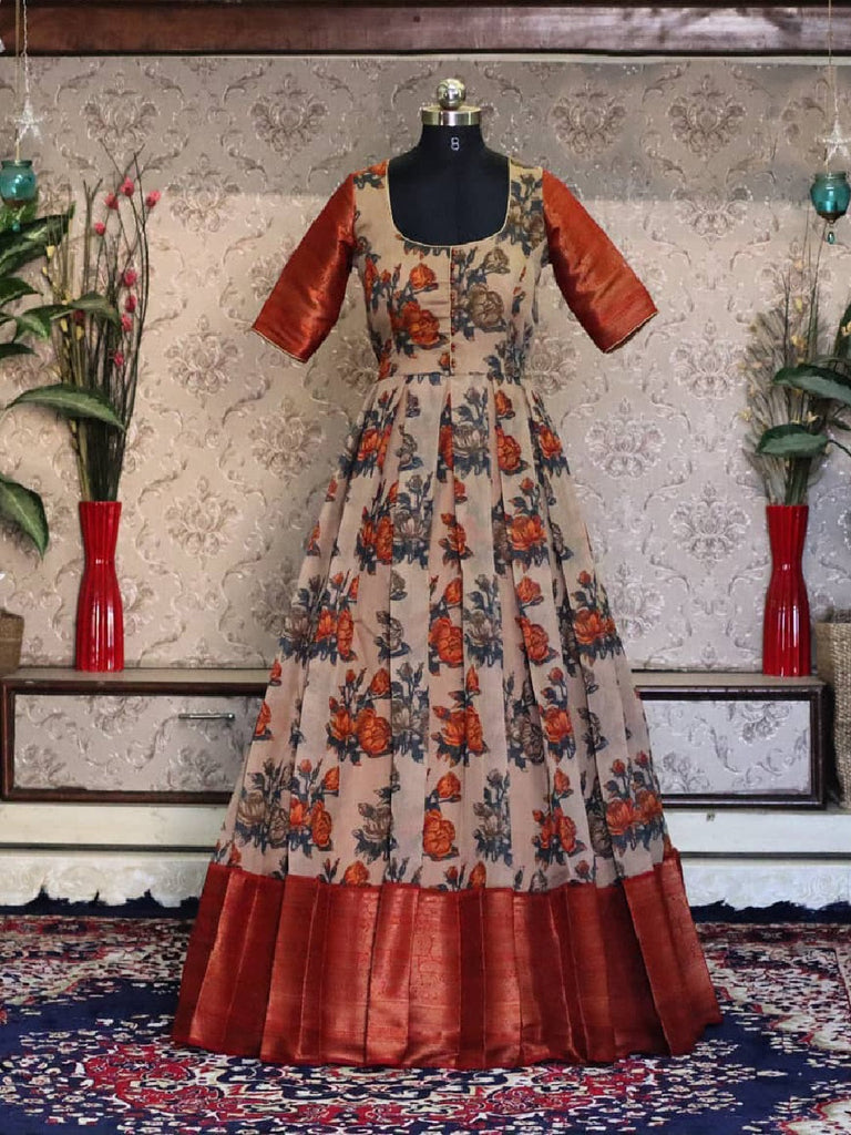 Orange Color printed And Weaving Border Work Soft Cotton Gown Clothsvilla