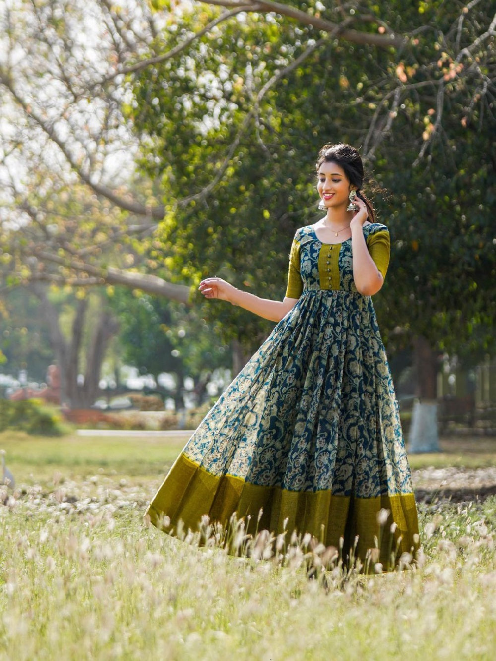 Mehendi Color Floral Printed Soft Cotton Gown Clothsvilla
