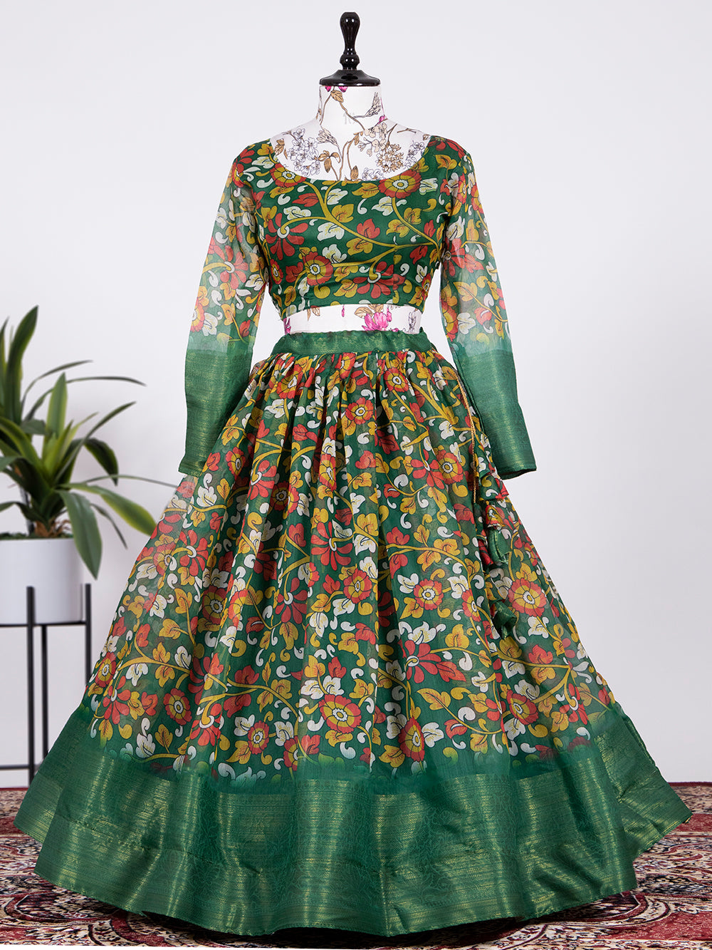 Green Color Printed Soft Cotton Half Saree Set Clothsvilla