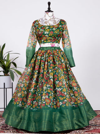 Green Color Printed Soft Cotton Half Saree Set Clothsvilla
