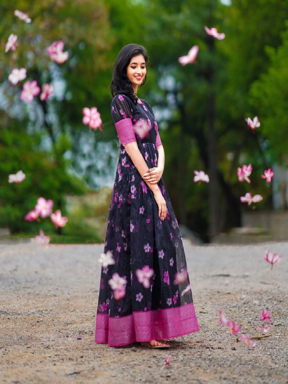 Wine Color Soft Cotton Gown With Print And Weaving Border Work Clothsvilla