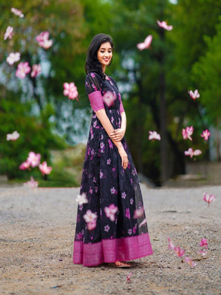 Wine Color Soft Cotton Gown With Print And Weaving Border Work Clothsvilla