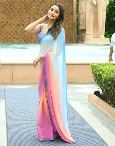 Blue And Pink Color Kachhi Work Sari (S0645)
