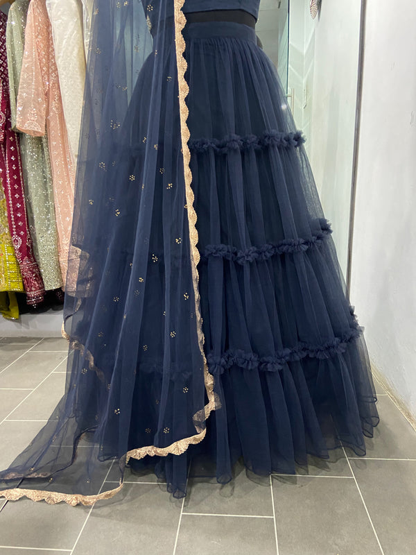 Soft Net Navy Blue Plain Ruffle Lehenga Choli Clothsvilla