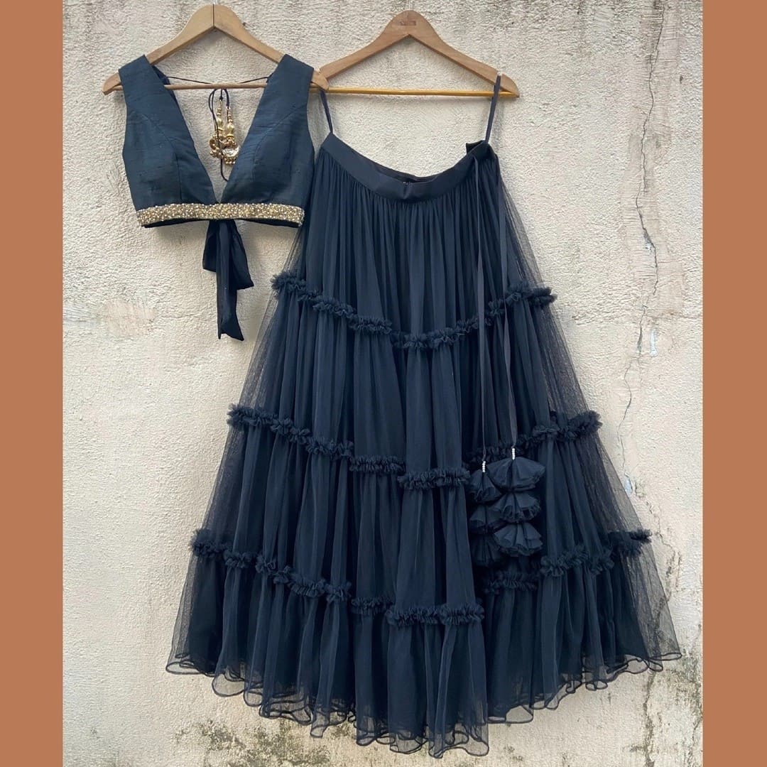Soft Net Navy Blue Plain Ruffle Lehenga Choli Clothsvilla
