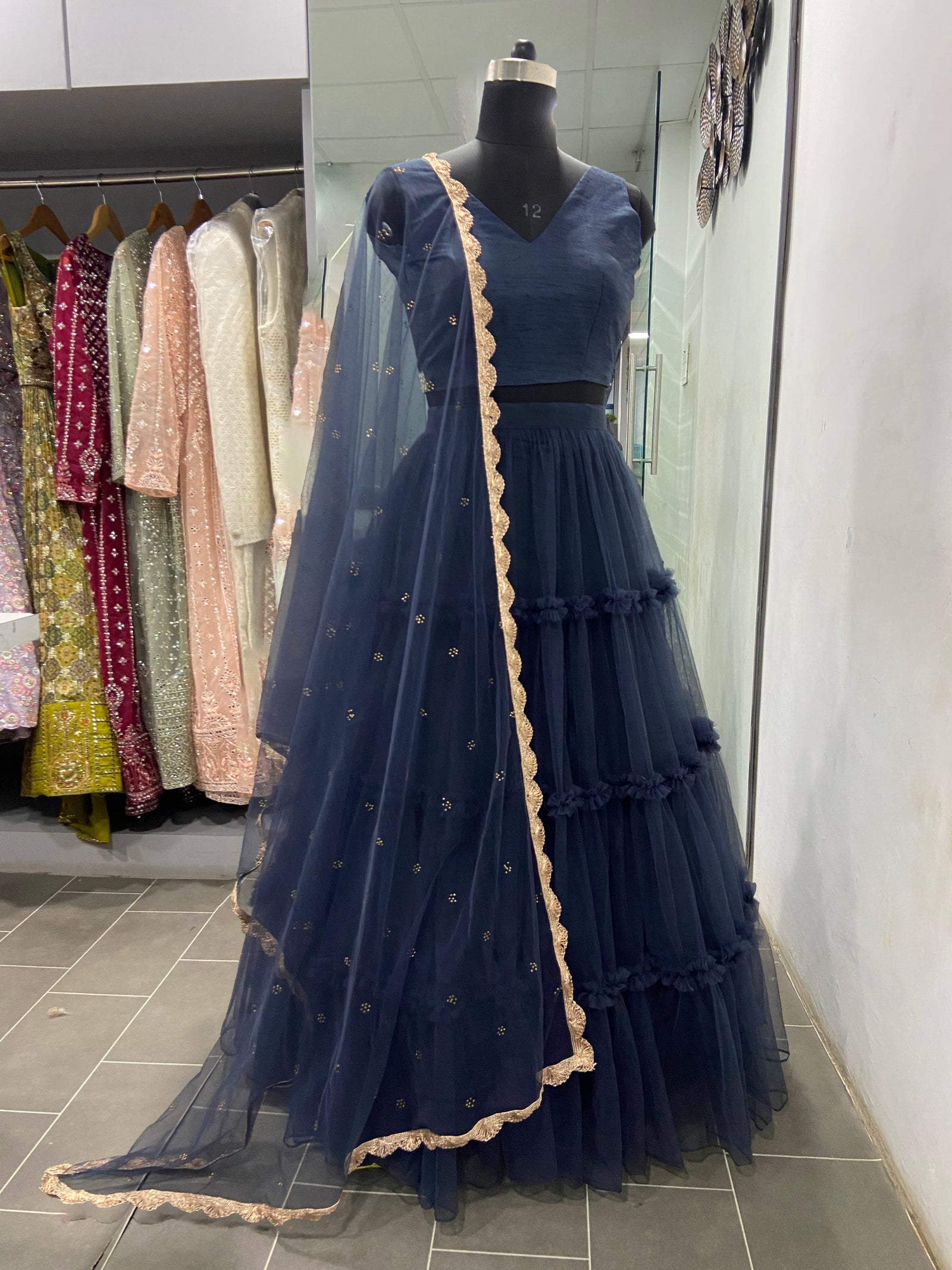 Soft Net Navy Blue Plain Ruffle Lehenga Choli Clothsvilla