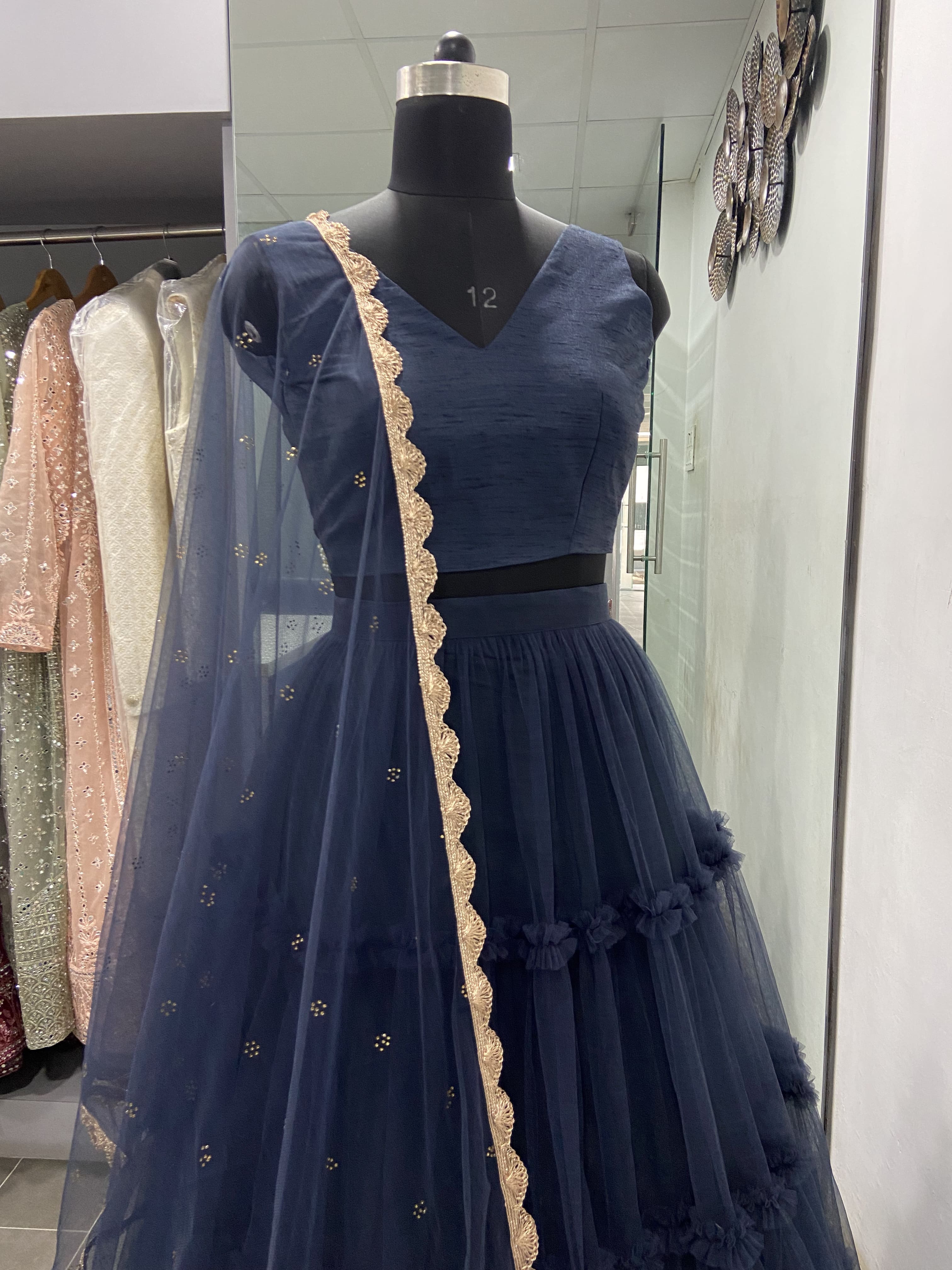 Soft Net Navy Blue Plain Ruffle Lehenga Choli Clothsvilla