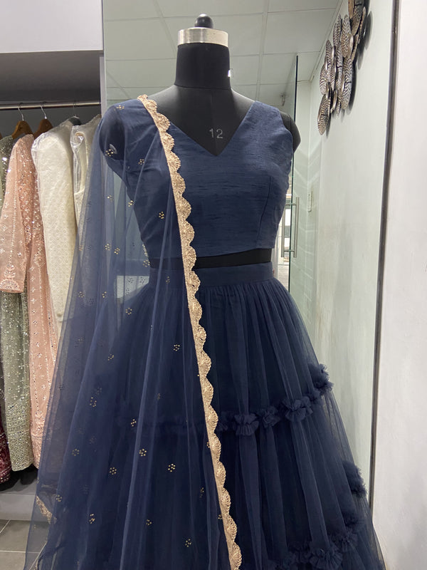Soft Net Navy Blue Plain Ruffle Lehenga Choli Clothsvilla