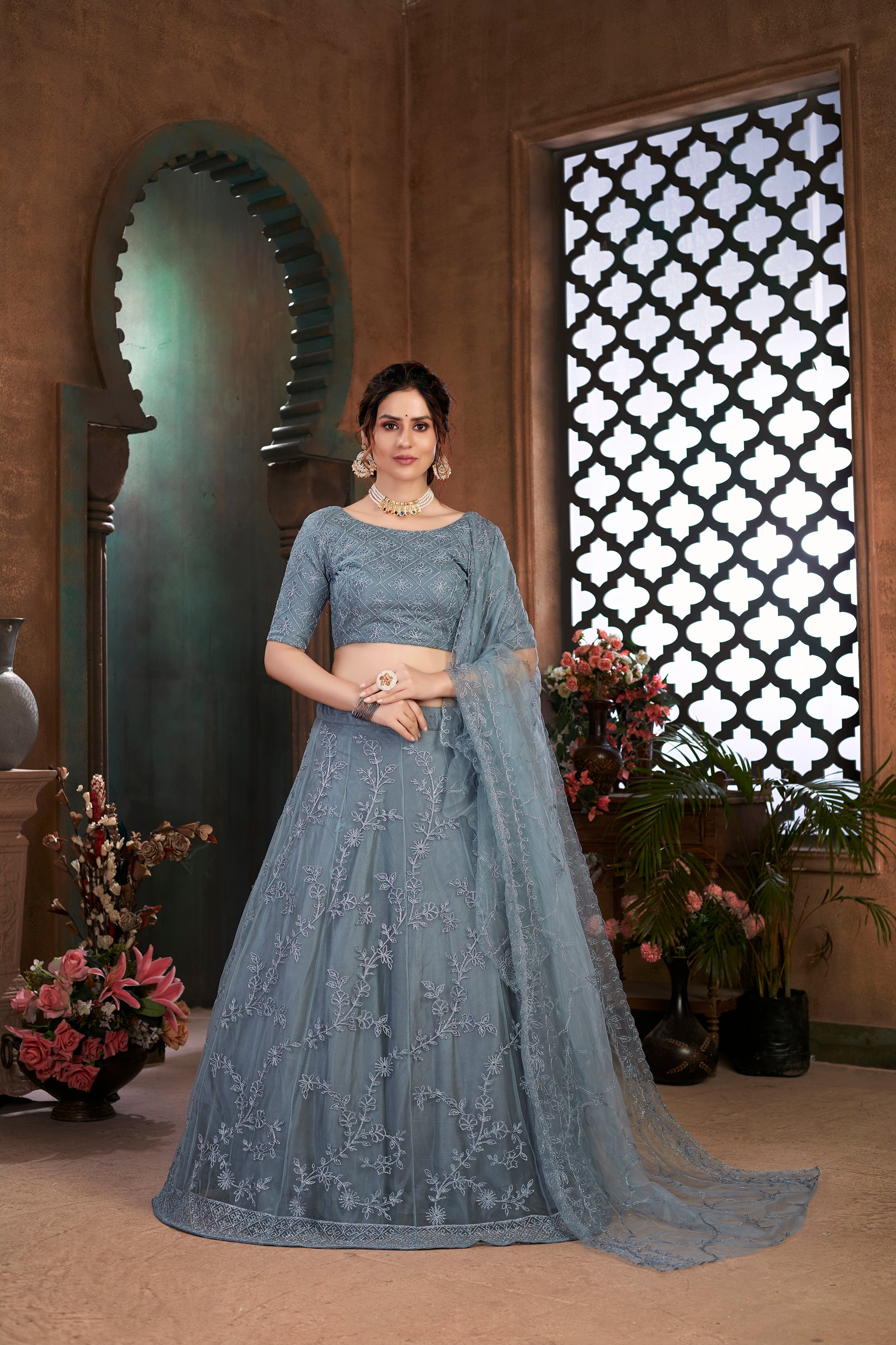 Soft Net Fabric Grey Color Lehenga Choli With Dori Work