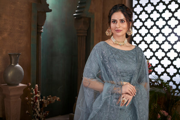 Soft Net Fabric Grey Color Lehenga Choli With Dori Work ClothsVilla