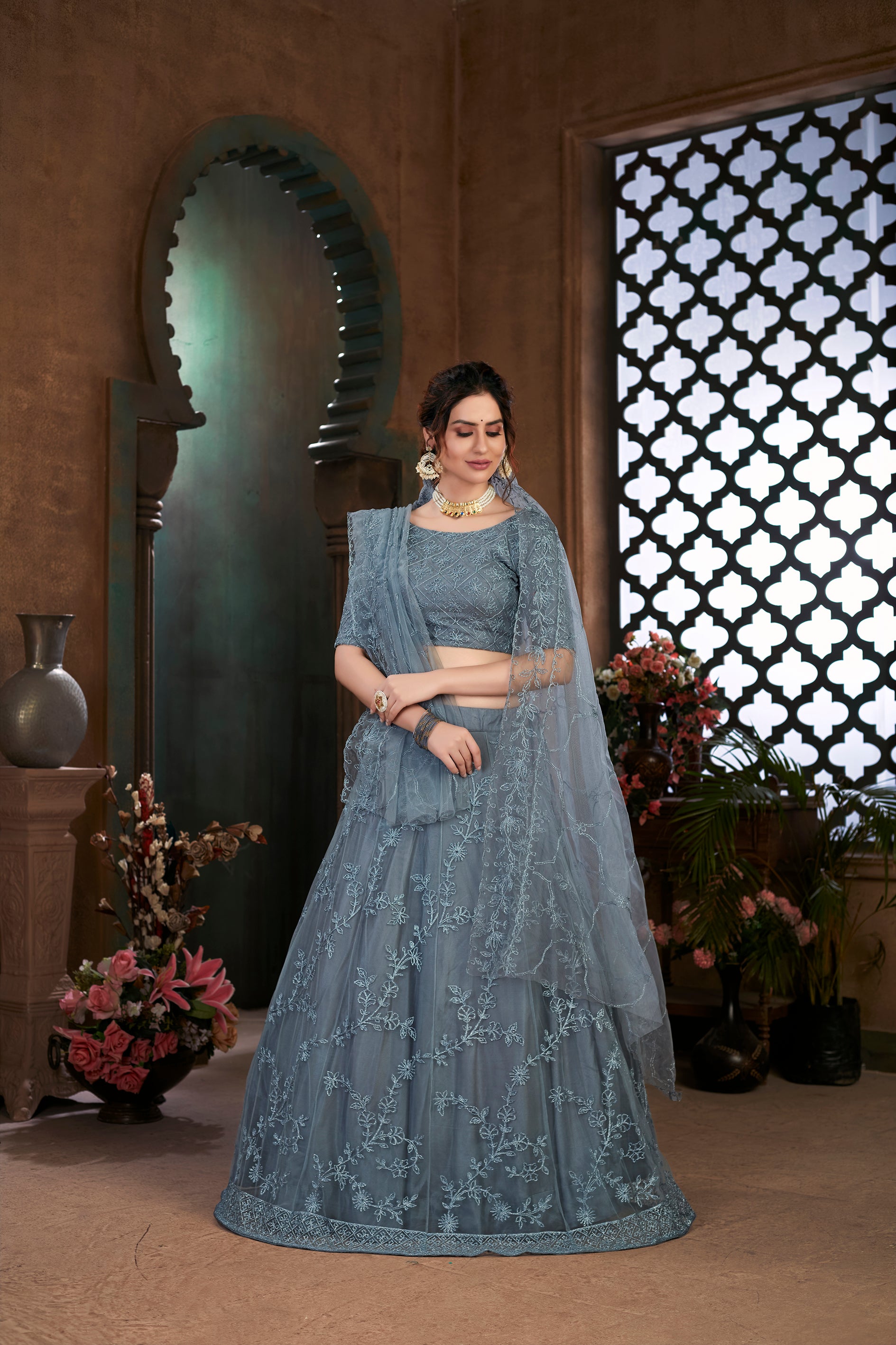 Soft Net Fabric Grey Color Lehenga Choli With Dori Work ClothsVilla