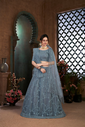 Soft Net Fabric Grey Color Lehenga Choli With Dori Work ClothsVilla