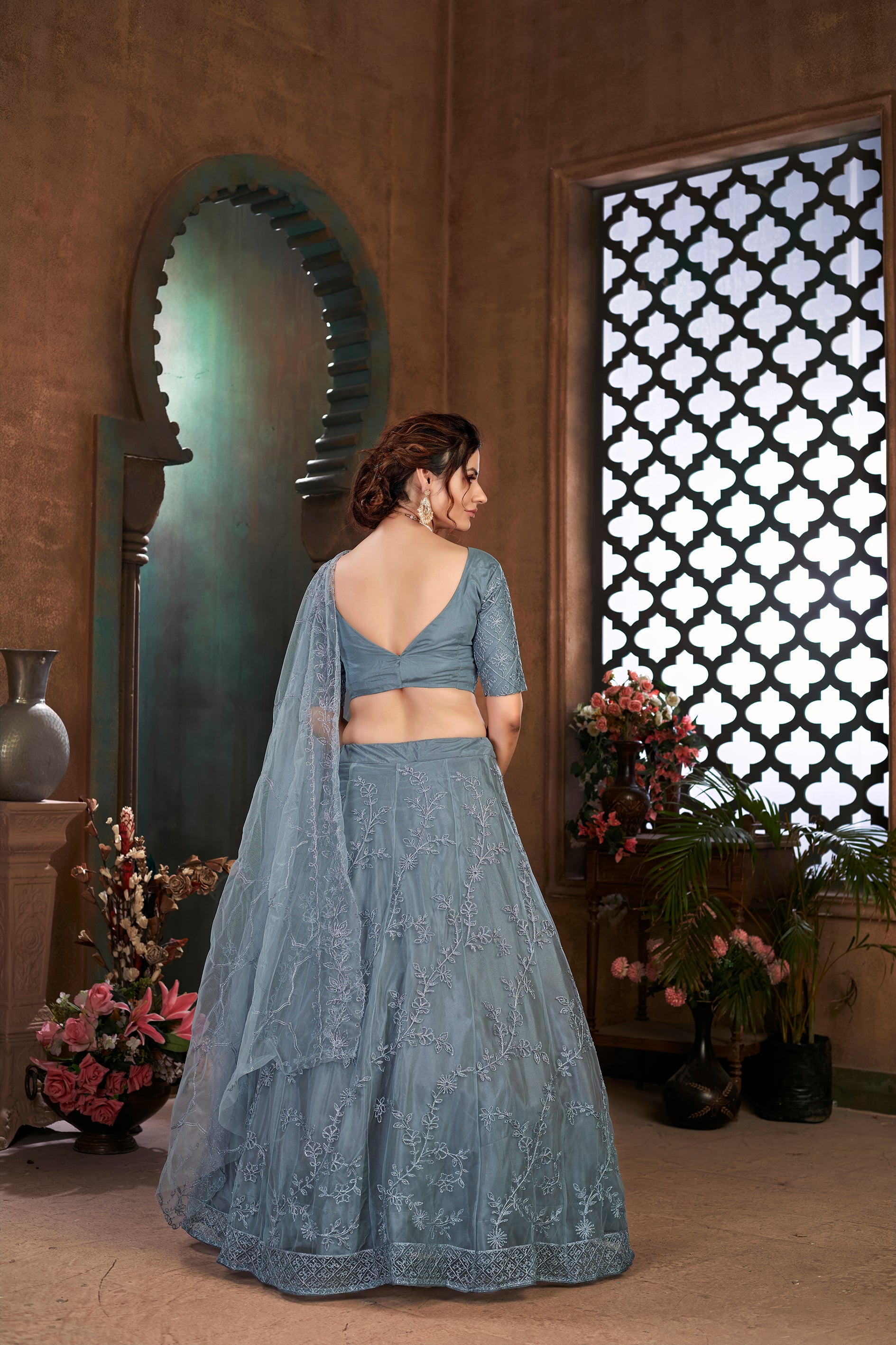 Soft Net Fabric Grey Color Lehenga Choli With Dori Work ClothsVilla