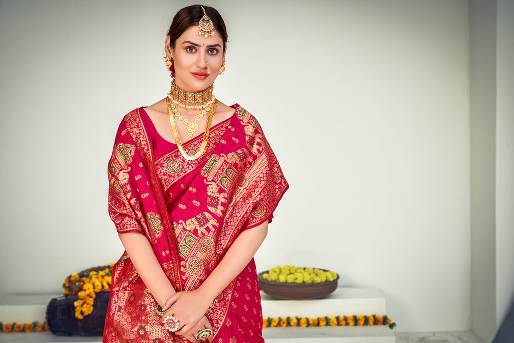 Striking Dark Pink Zari Woven Banarasi Silk Light Weight Saree ClothsVilla