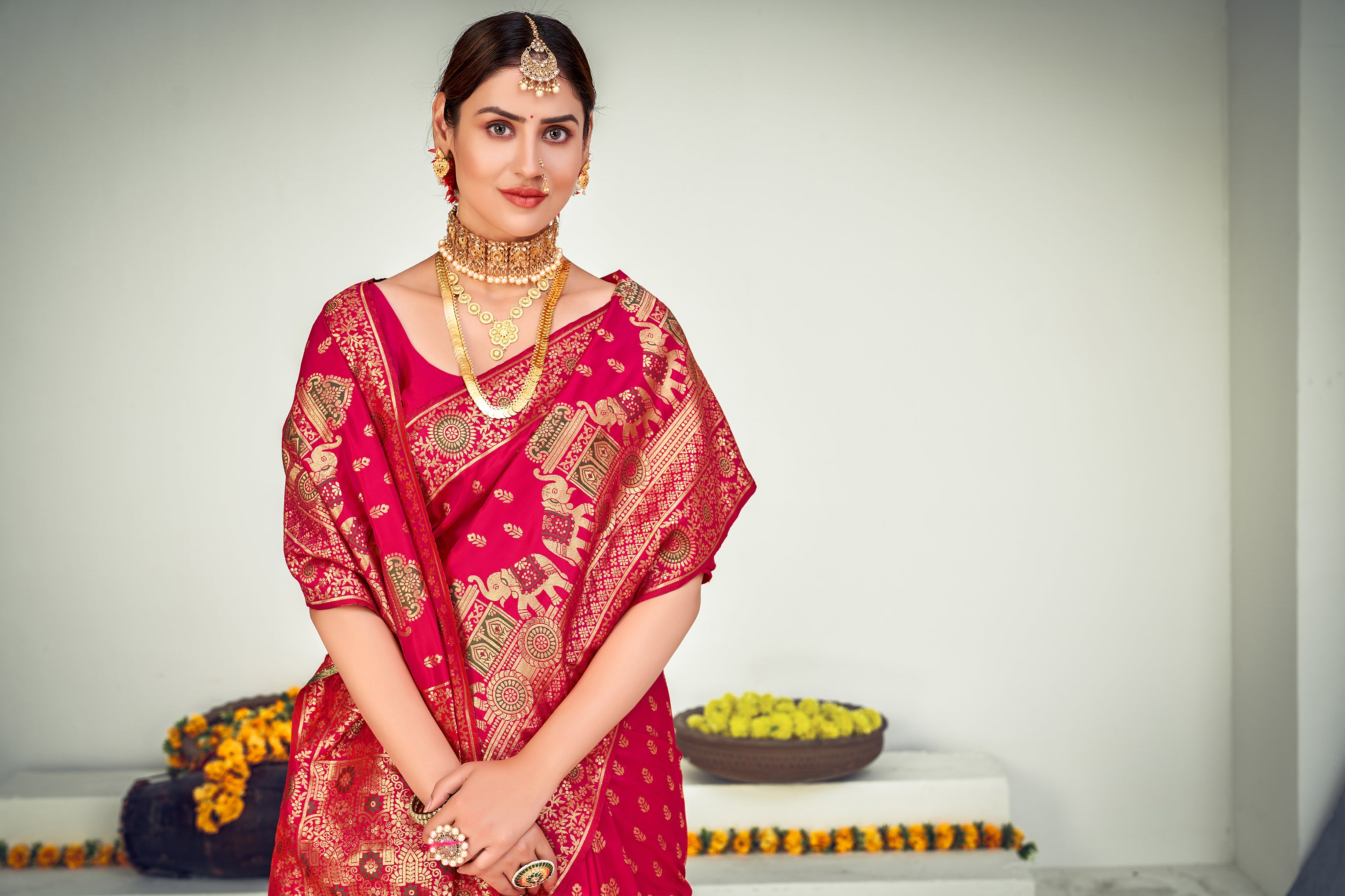 Striking Dark Pink Zari Woven Banarasi Silk Light Weight Saree ClothsVilla