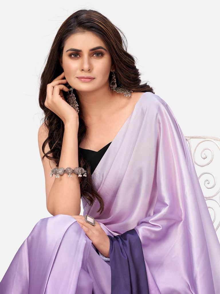 Stunning Purple and White Satin ready to Wear Saree ClothsVilla