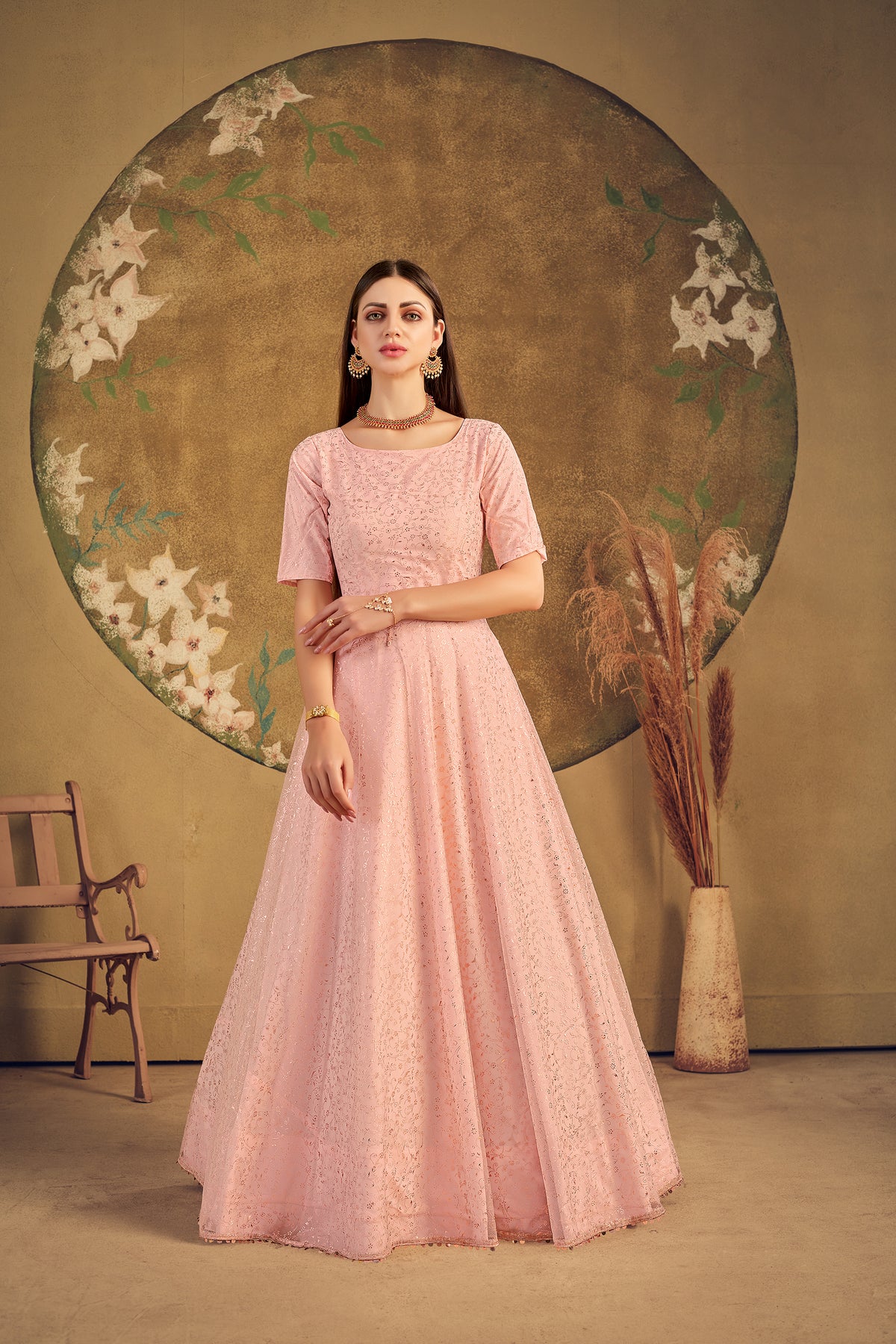 Stunning Peach Color Soft Net Base Fancy Work Designer Gown ClothsVilla Main image