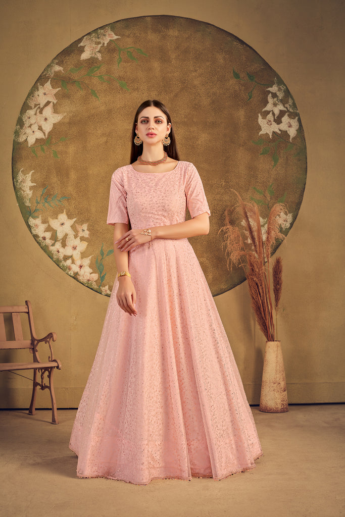 Stunning Peach Color Soft Net Base Fancy Work Designer Gown