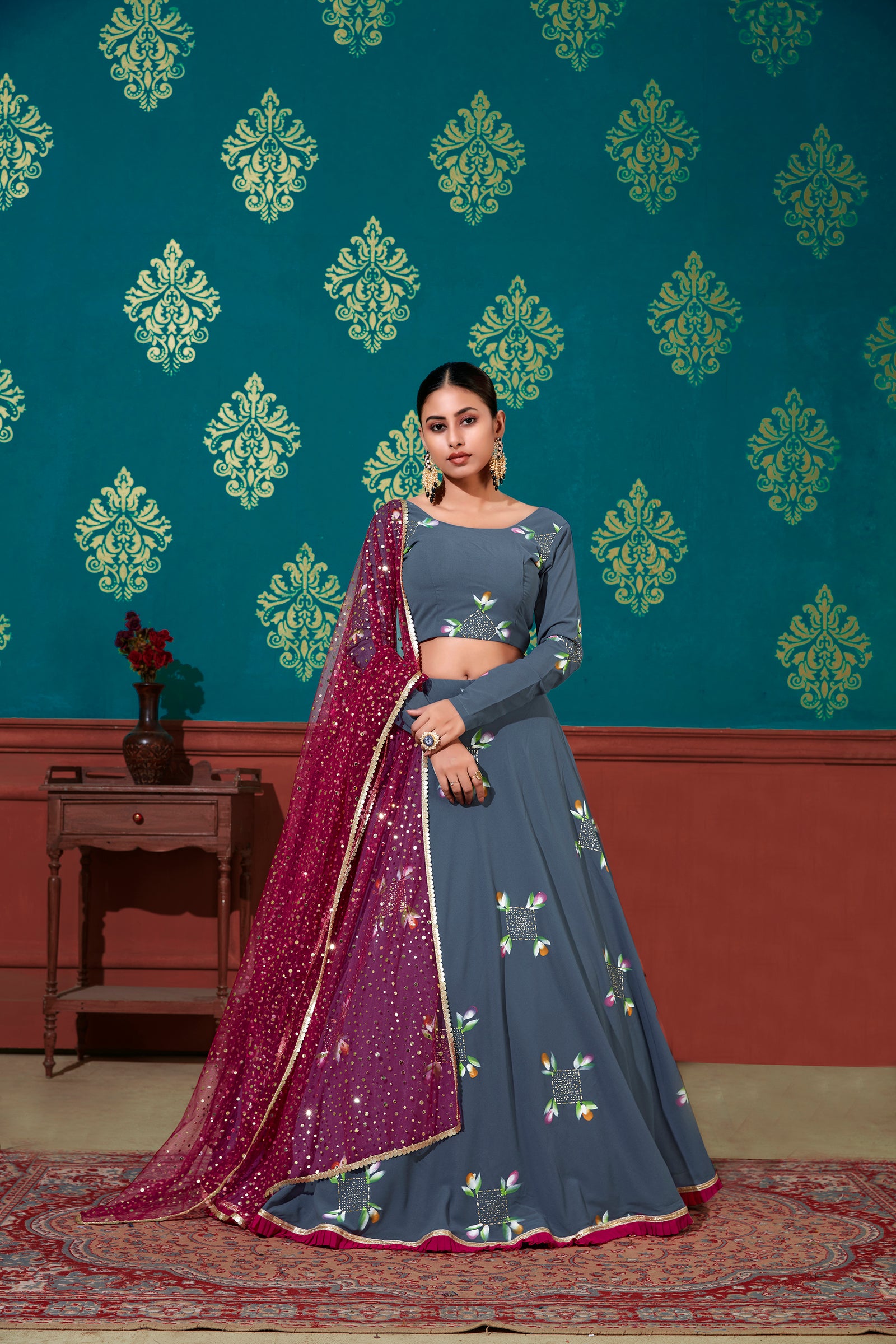 Stunning Steel Blue Color Georgette Base Mirror Work Lehenga Choli ClothsVilla