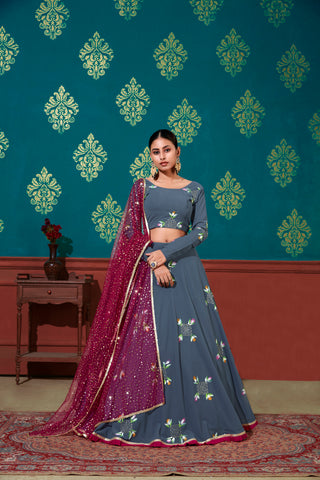 Stunning Steel Blue Color Georgette Base Mirror Work Lehenga Choli ClothsVilla