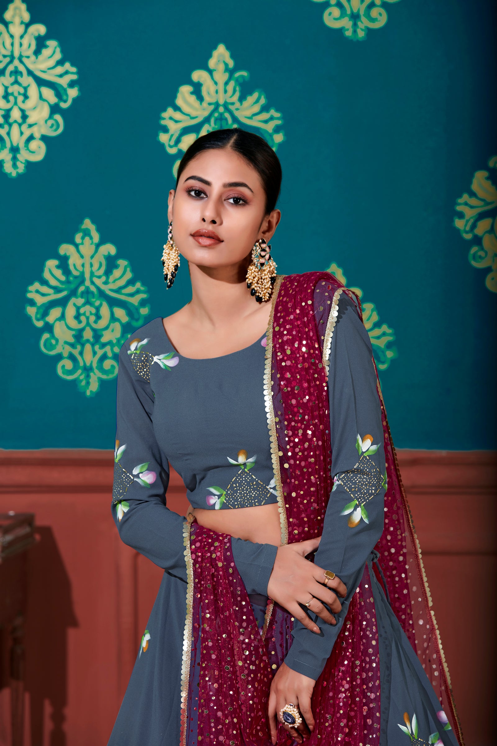 Stunning Steel Blue Color Georgette Base Mirror Work Lehenga Choli ClothsVilla
