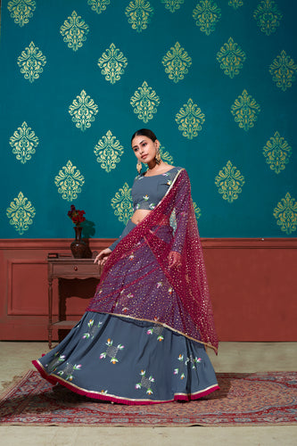 Stunning Steel Blue Color Georgette Base Mirror Work Lehenga Choli ClothsVilla