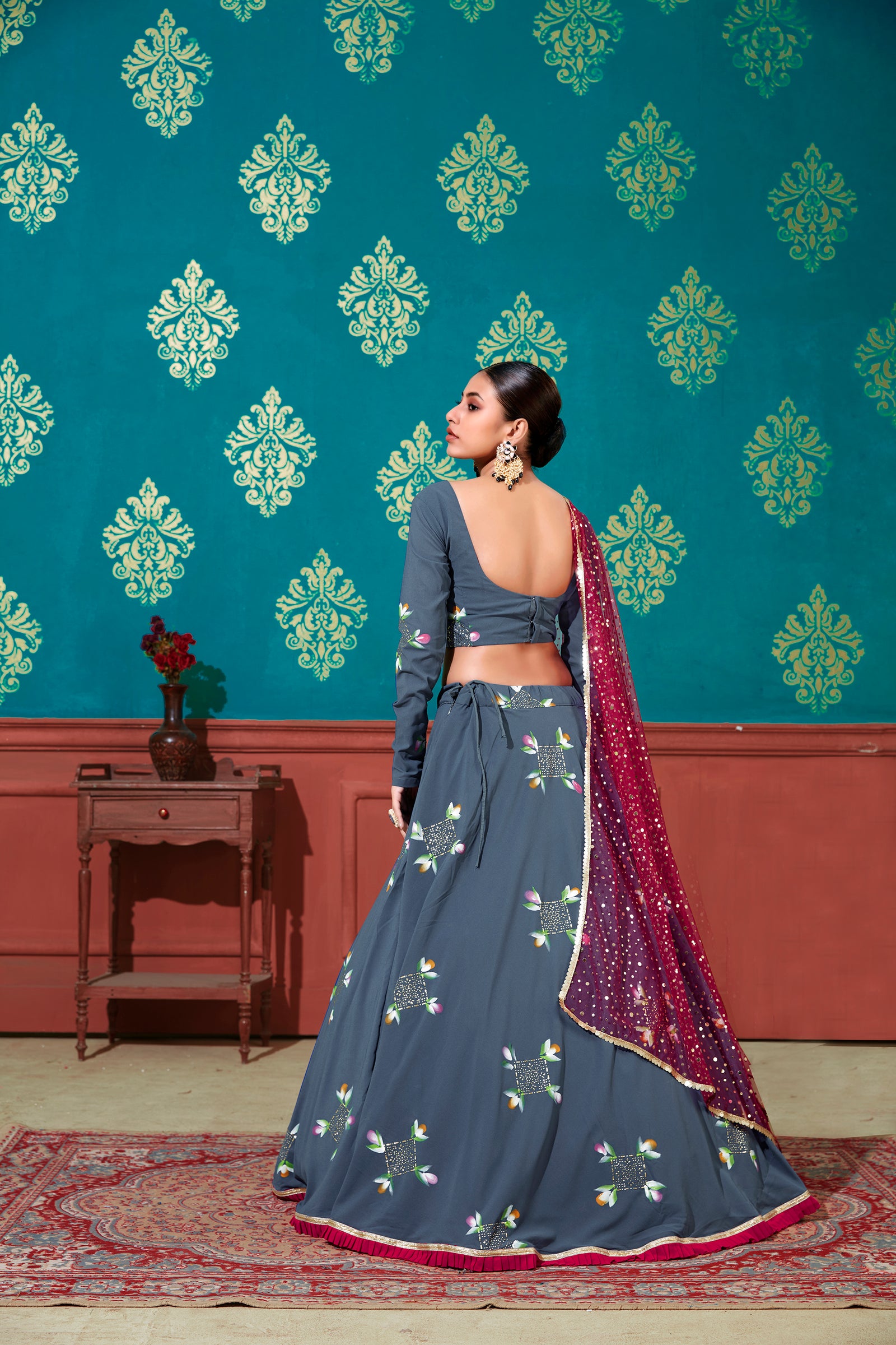 Stunning Steel Blue Color Georgette Base Mirror Work Lehenga Choli ClothsVilla