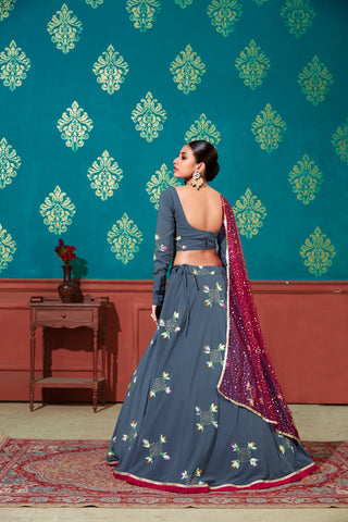 Stunning Steel Blue Color Georgette Base Mirror Work Lehenga Choli ClothsVilla