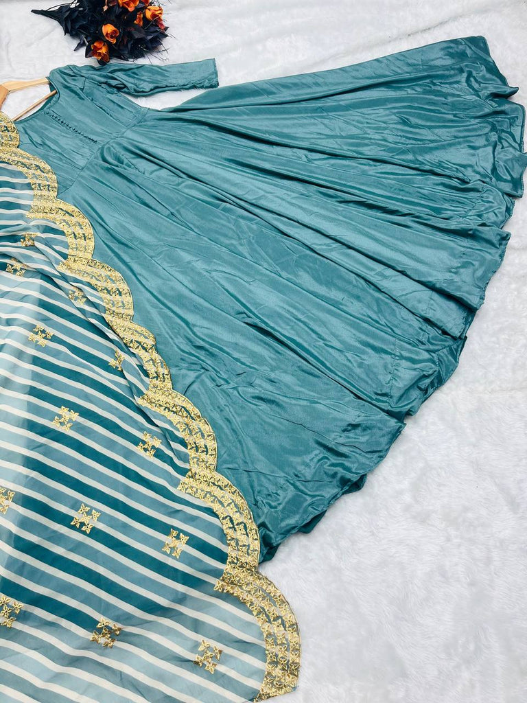 Stunning Teal Blue Color Silk Gown With Work Dupatta Clothsvilla