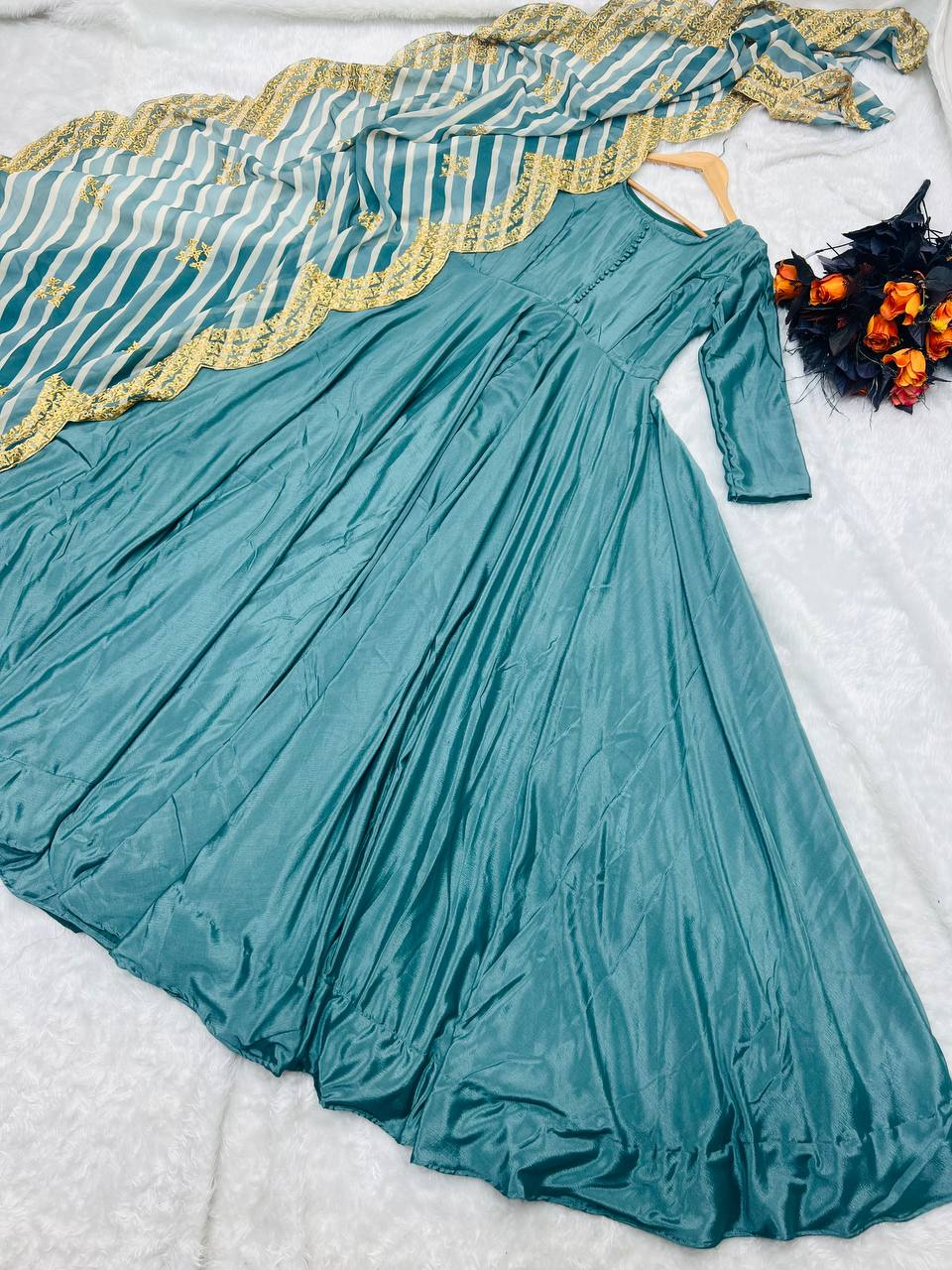 Stunning Teal Blue Color Silk Gown With Work Dupatta Clothsvilla