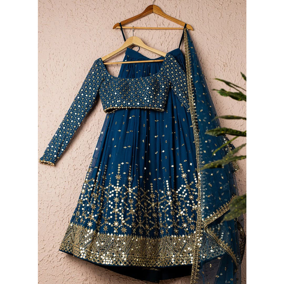 Stunning Teal Blue Sequins Embroidered Georgette Party Wear Lehenga Choli Clothsvilla Main image