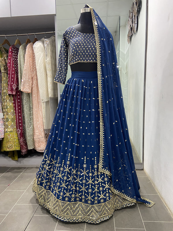 Stunning Teal Blue Sequins Embroidered Georgette Party Wear Lehenga Choli Clothsvilla