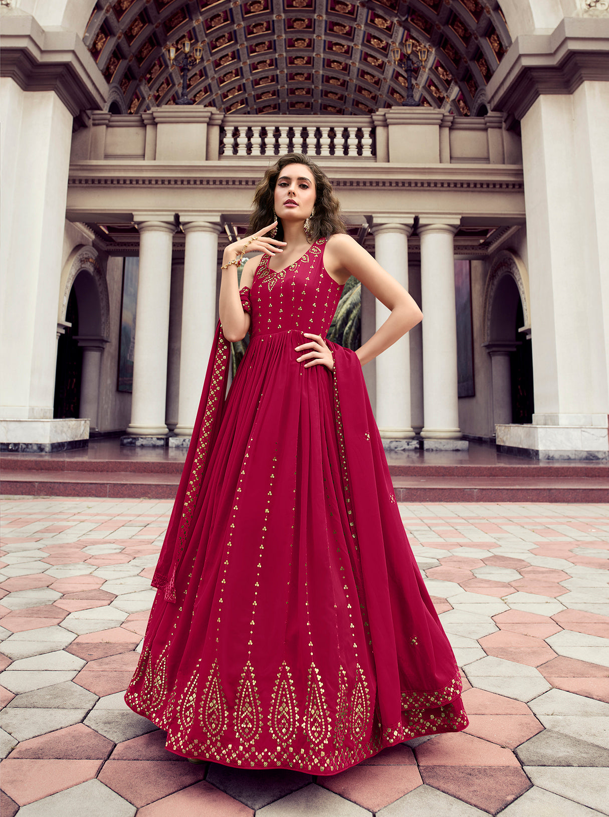 Stylish Dark Pink Color Thread Sequence Work Gown Clothsvilla