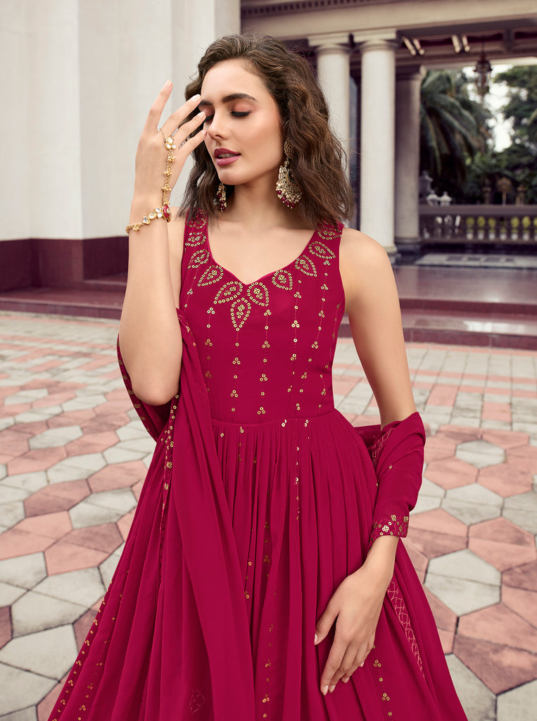 Stylish Dark Pink Color Thread Sequence Work Gown Clothsvilla