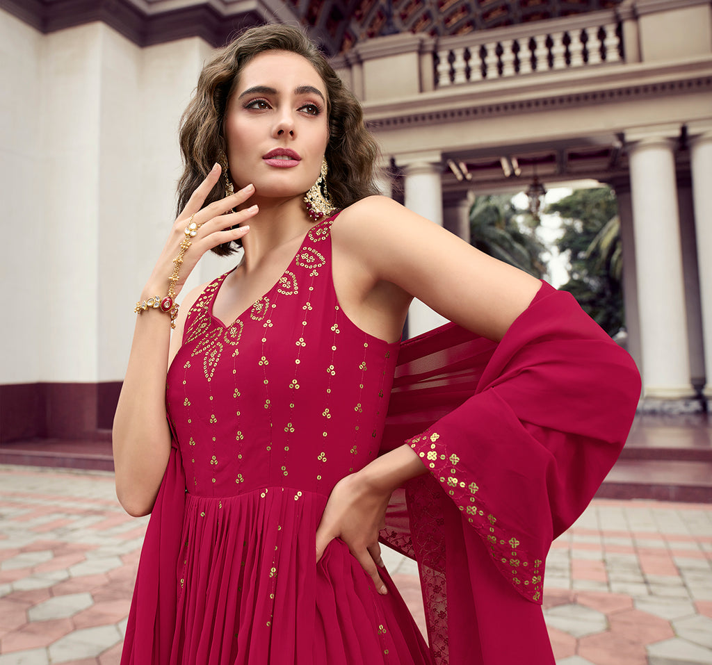 Stylish Dark Pink Color Thread Sequence Work Gown Clothsvilla