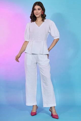 Stylish Fancy Wear White Self Design Work Co-Ord Collection ClothsVilla.com