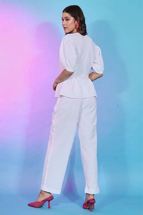 Stylish Fancy Wear White Self Design Work Co-Ord Collection ClothsVilla.com