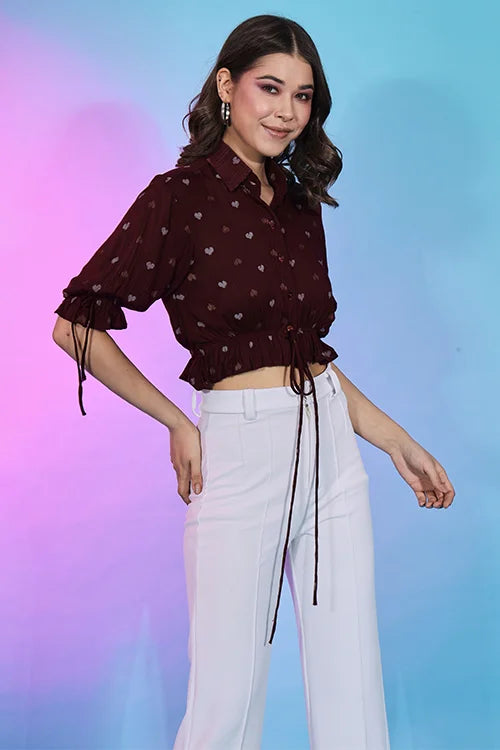 Stylish Maroon Viscose Rayon Self Design Collar Pattern Top ClothsVilla.com