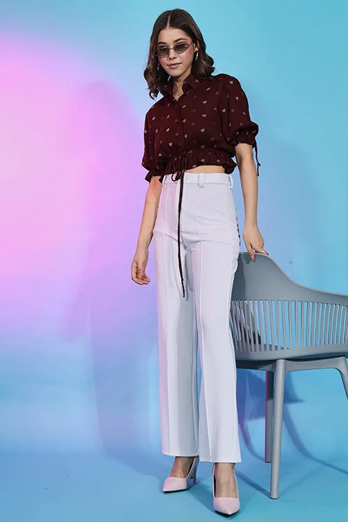Stylish Maroon Viscose Rayon Self Design Collar Pattern Top ClothsVilla.com