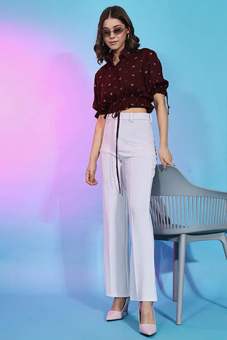 Stylish Maroon Viscose Rayon Self Design Collar Pattern Top ClothsVilla.com